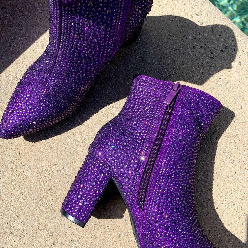 NEW🔥 Purple Jeweled Rhinestone Block Heel Ankle Boot Booties Pointed Toe w/Zip - Picture 5 of 6